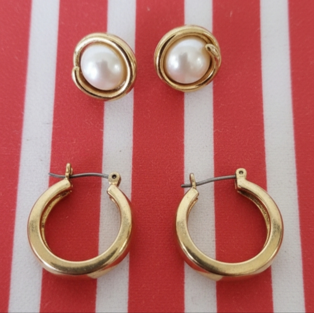 Vintage Goldtone Hoop Earrings+Faux Pearl Goldtone Studs Lot o…